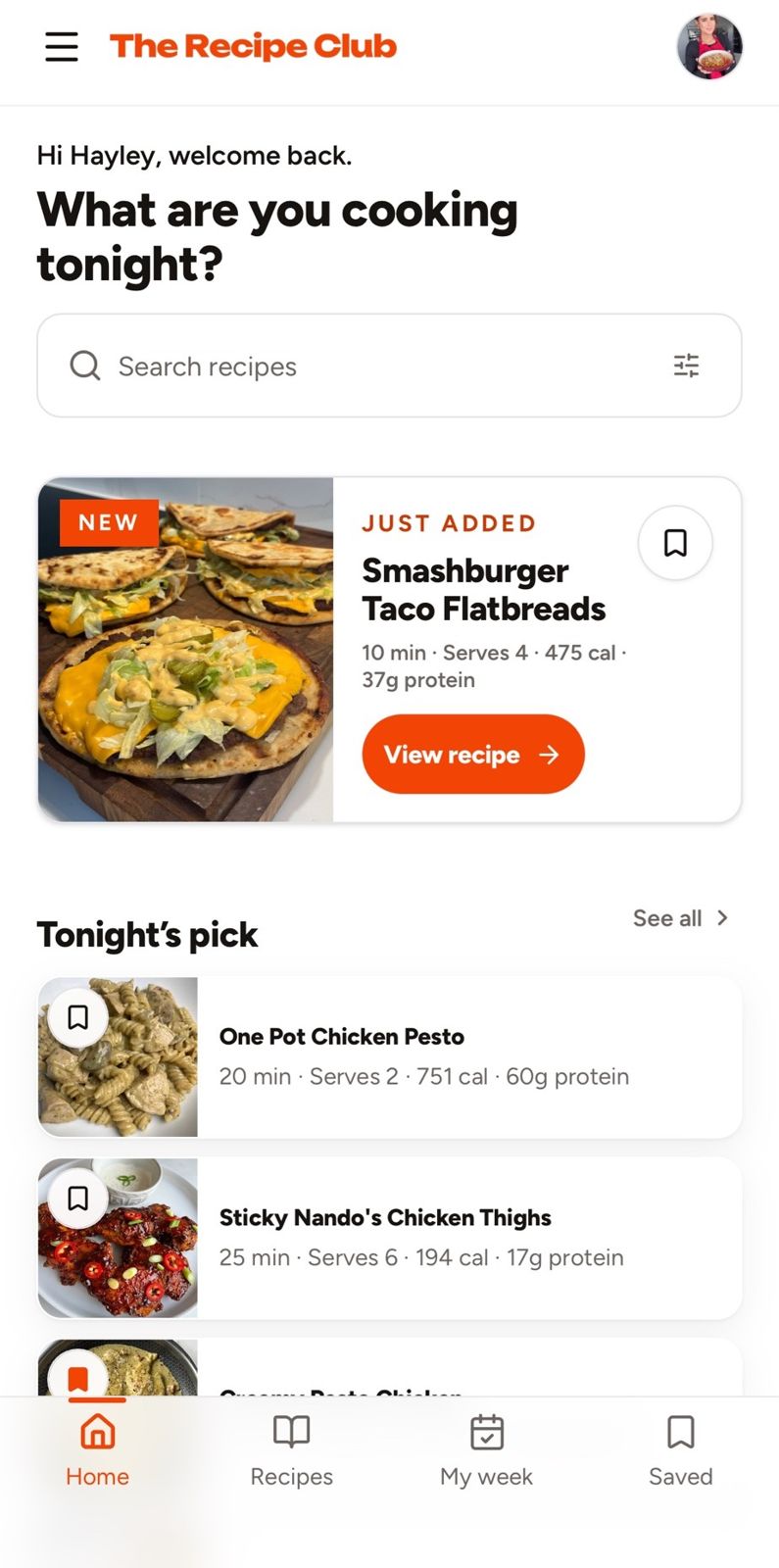 The Recipe Club app home screen